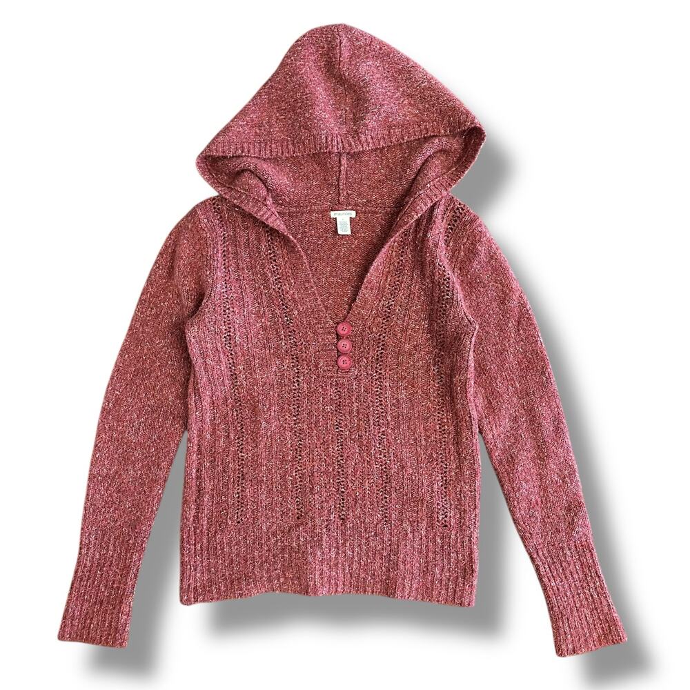 Maurices Y2K Marled Knit Hoodie Sweater Pink Pullover‎ w/ Buttons Large